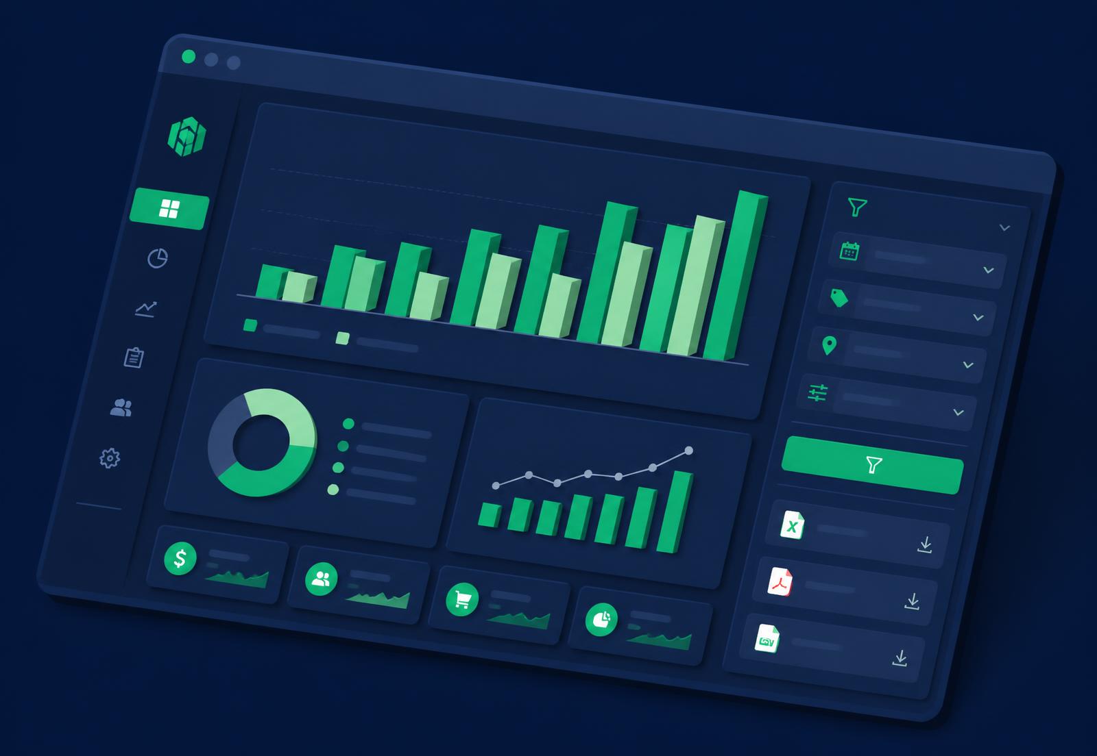 Reporting screen with filters, sales charts and CSV and PDF export options.