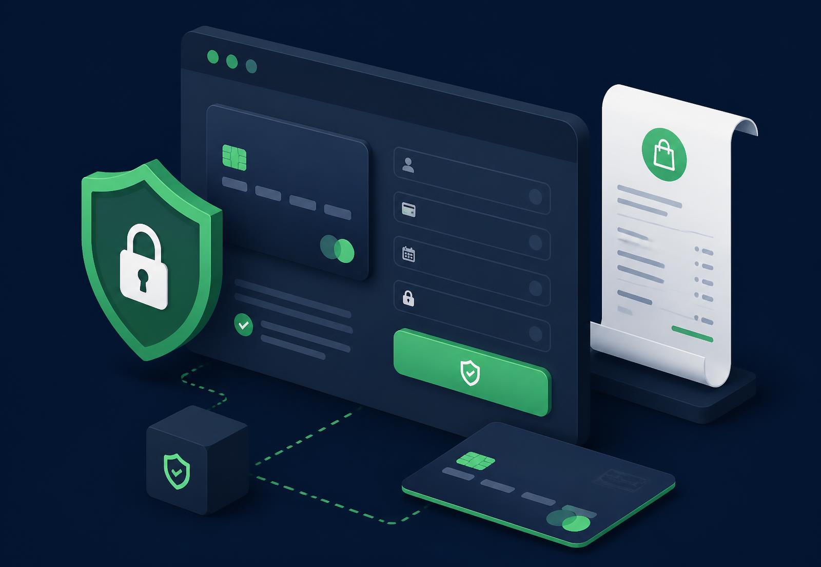 Illustration of a secure card payment form, bank gateway shield and itemised receipt.